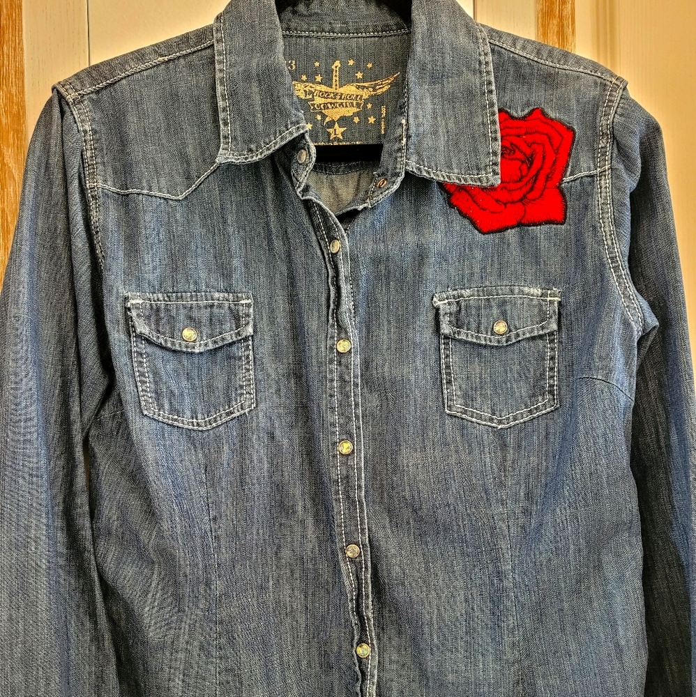 Embroidered Denim snap up blouse